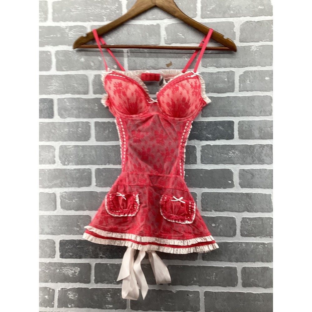 Vintage Victorias Secret Pink Lace Apron Babydoll Chemise Lingerie 34B Bows